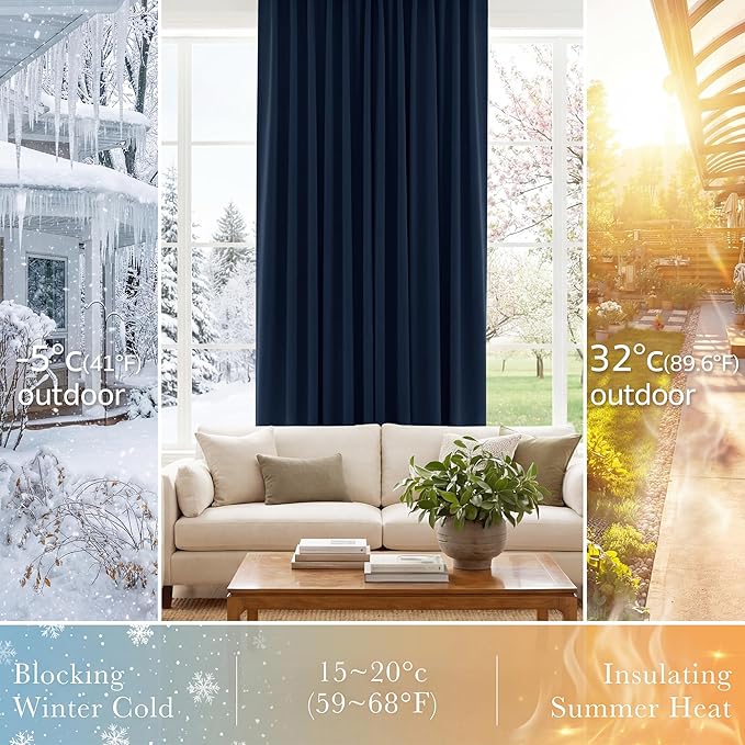 PONY DANCE Navy Curtains for Bedroom - Kids' Room Blackout Drapes Thermal Insulated Window Covering Room Darkening Privacy Protect, 42 x 63 Inches, Navy Blue, 2 PCs
