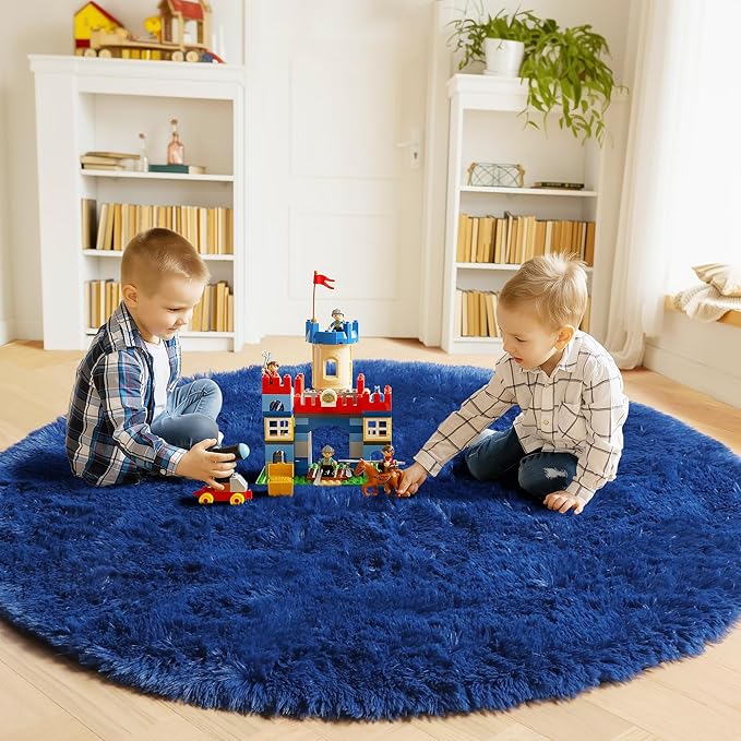 ONASAR Navy Blue Round Area Rugs 5ft, Soft Bedroom Circle Rug Floor Mat for Kids Girls Boys Teen Room, Fluffy Plush Shaggy Carpet for Baby Nursery Living Room Playroom Dorm Home Decor