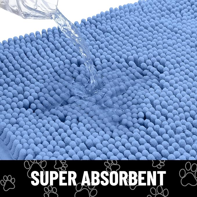 Smiry Dog Door Mat for Muddy Paws, Absorbent Dirt Trapper Non Slip Quick Dry Washable Chenille Mat for Mud Dogs, Entry Rug for Indoor and Outdoor (30x20 Inches, Cornflower Blue and White)