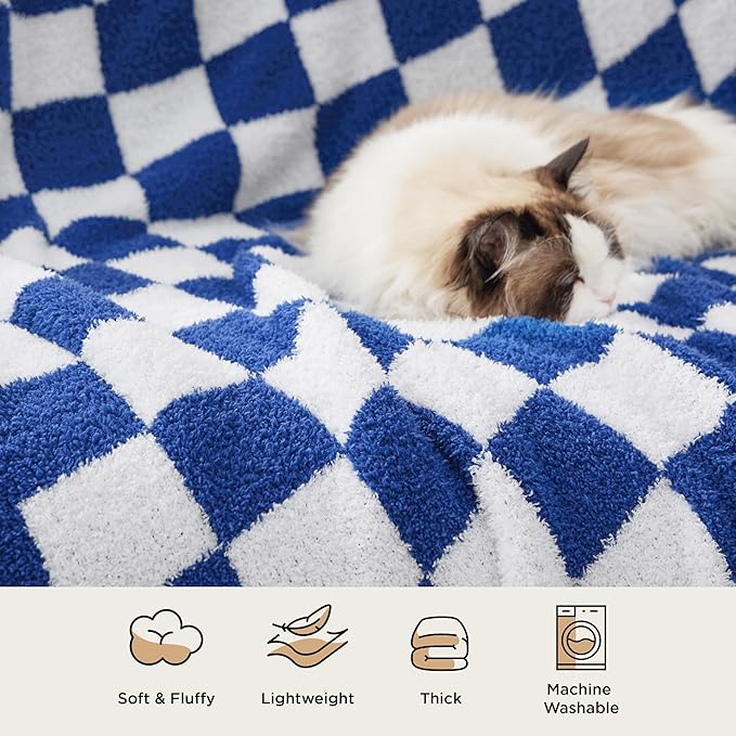 Bedsure Gentlesoft Checkered Twin Blanket for Couch - Soft Cozy & Warm Knit Navy Blue Throw Blanket, Breathable, Lightweight & Fluffy Plaid Blankets for Bed & Sofa, Gifts for Women Men, 60x80 Inches