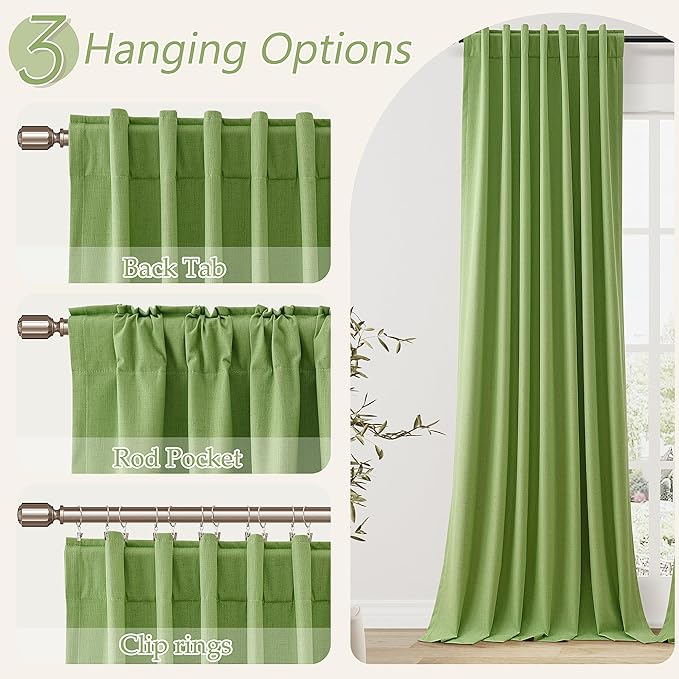 Guken 100% Blackout Curtains 90 Inch Length 2 Panels Set for Living Room Bedroom Back Tab Thermal Insulated Black Out Linen Drapes Room Darkening Lime Green,52x90