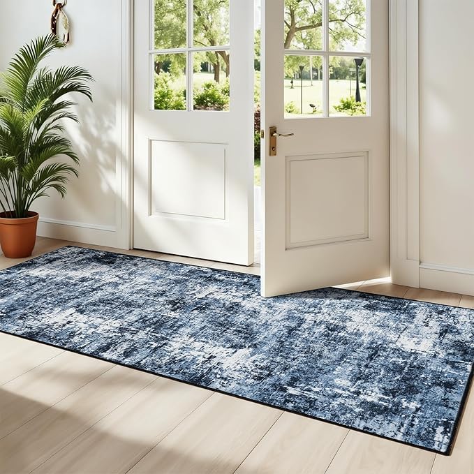 Rugflix 2x8 Runner Rug for Entryway, Kitchen Rugs Soft Non-Slip Washable Runners for Hallway, Abstract Small Carpet with Non-Slip Rubber for Bedroom, Living Room, Navy Blue/Black