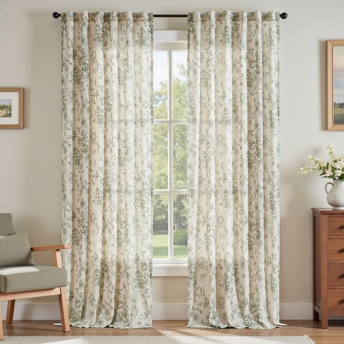 jinchan Linen Blend Floral Curtains for Living Room 96 Inch Length Farmhouse Printed Curtain Rod Pocket Back Tab Sage Green Peony Flower Patterned Drapes Bedroom Curtains Set 2 Panels