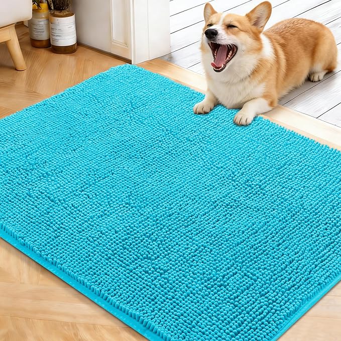 OLANLY Dog Door Mat for Muddy Paws 40x32, Absorbs Moisture and Dirt, Absorbent Non-Slip Washable Doormat, Quick Dry Chenille Mud Mat for Dogs, Entry Indoor Entryway Carpet for Inside Floor, Aqua Blue