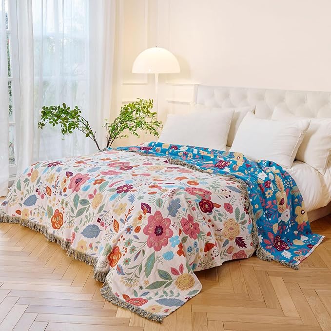 MSGKV Boho Throw Blanket for Bed Twin Size 100% Cotton Floral Blanket 60"x80" for Sofa Couch Muslin Spring Breathable All Seasons Lightweight Farmhouse Blankets Home Decor