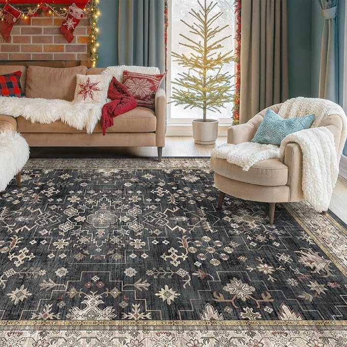 Boho Dining Room Rugs for Under Table - 6x9 Washable Black Area Rug For Living Room, Low Pile Non-Slip Rugs for Bedroom, Office - Charming Farmhouse Decor & Stain Resistance (6x9 Black/Multi)