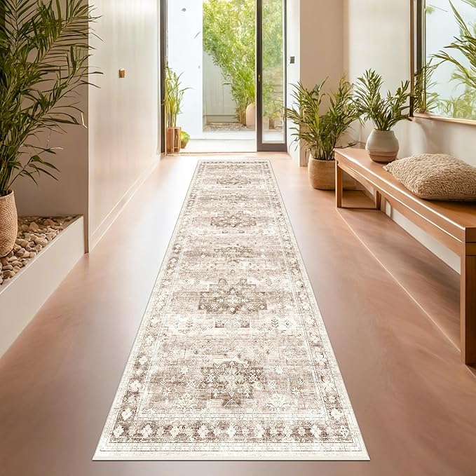 Hazo Haus Non Slip Hallway Runner Rug - 2 x 10 Runner Rug, Washable & Waterproof Kitchen Floor Mat - Extra Long Neutral Farmhouse Boho Design Décor (2x10 Beige/Latte)