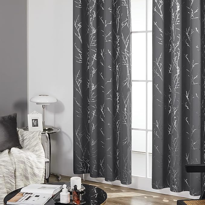 Deconovo Grey Blackout Curtains, Thermal Insulated Soundproof Drapes, Silver Branch Foil Print, 52 x 72 Inch, 2 Panels, Machine‑Washable Privacy Window Panel for Living Room Bedroom Nursery Office