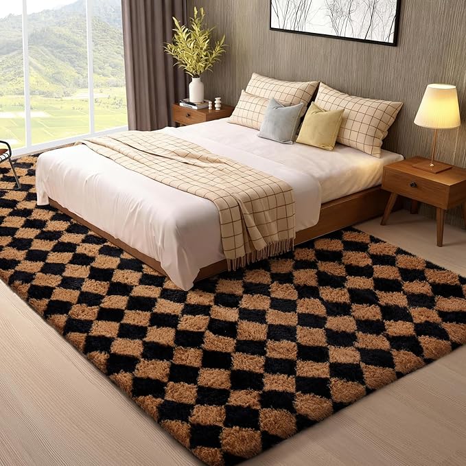 Ophanie Checkered Black & Beige Rhombus Rugs for Living Room Bedroom, Fluffy Soft Fuzzy Area Rugs, Plush Shaggy Bedside Floor 8x10 Furry Carpet for Kids Baby Teen Dorm Nursery Home Decor Aesthetic