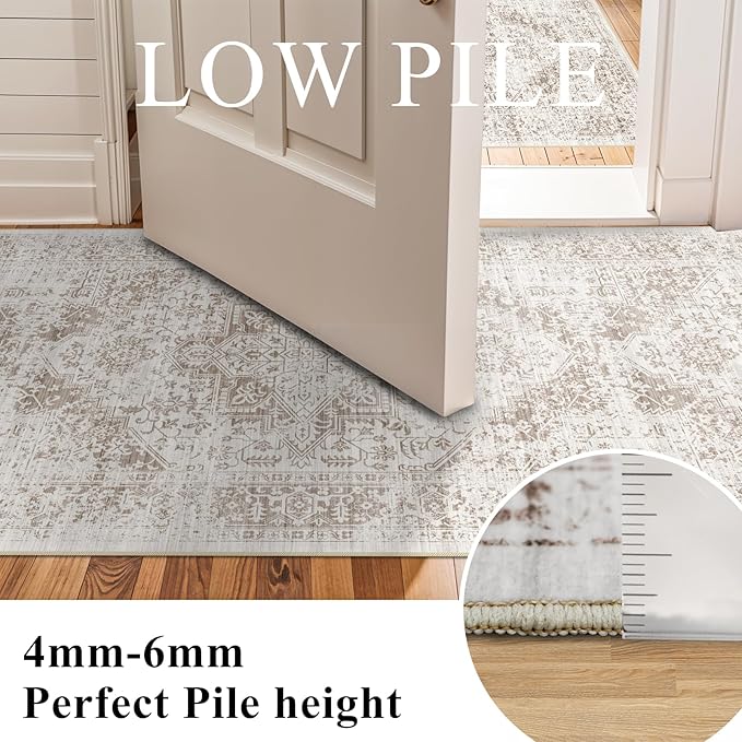 Washable 2'6''x12' Runner Rug - Non-Slip Vintage Runner Rug for Entryway Low-Pile Medallion Long Rugs for Hallway Waterproof Traditional Runner Rugs Indoor Thin Rug for Kitchen (Cream/Beige)