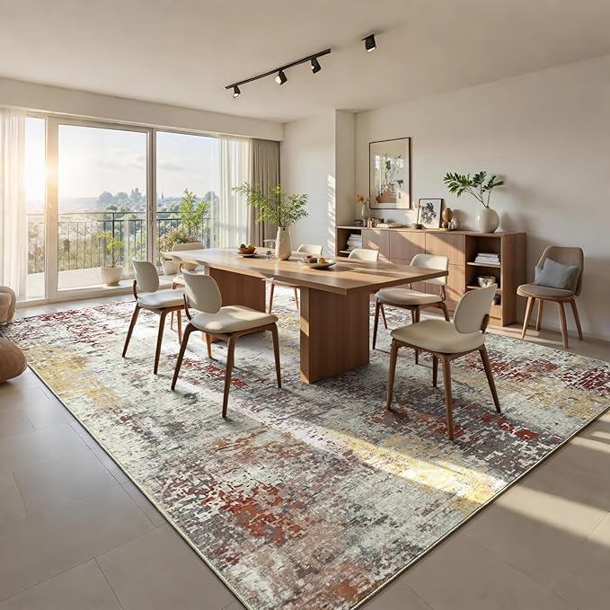 Living Room Rug 9x11 Beige Area Rugs Machine Washable Abstract Boho Large Rug Non-Slip Non-Shedding Faux Wool Indoor Vintage Carpet for Bedroom, Classroom, Dining Room, Kids Playroom