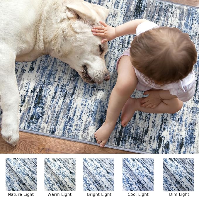 Lansny Modern Abstract Runner Rug 2.6x16, Grey Blue White Washable Long Kitchen Runner Non-Slip Soft Hallway Rug Runner Thin Print Faux Wool Carpet for Entryway Bedroom Laundry Room Indoor Home Decor