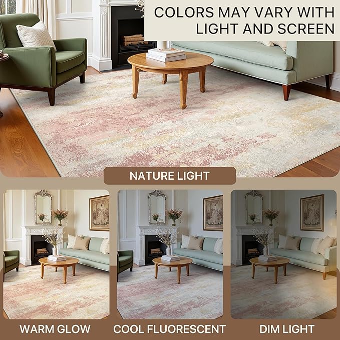 Area Rugs 8x10 for Living Room Bedroom, Modern Abstract Machine Washable Rug, Large Soft Low Pile Floor Carpet with Non Slip Backing for Dining Room, Pink/Cream