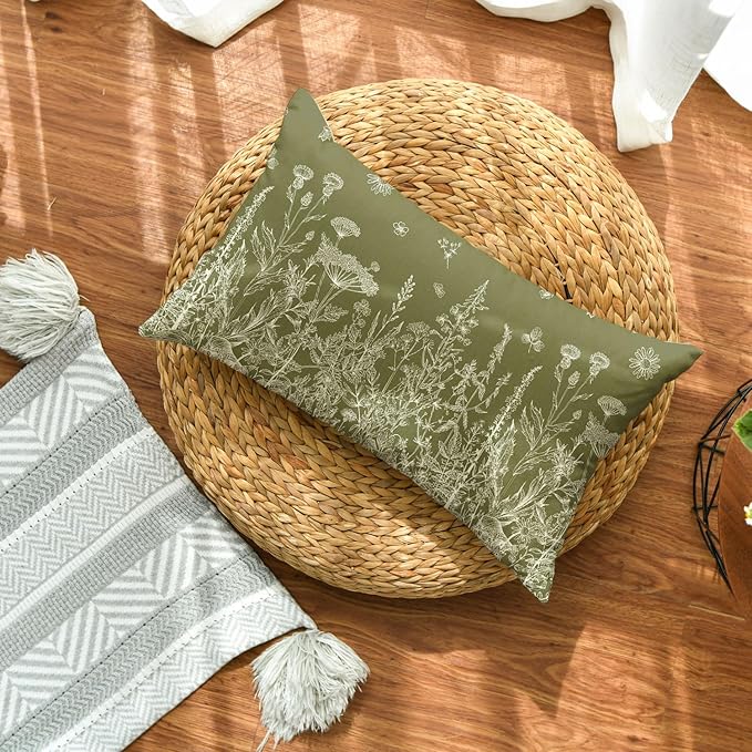 AVOIN colorlife Wildflowers Spring Moss Green Throw Pillow Cover, 12 x 20 Inch Floral Cushion Case Decoration for Home Sofa Couch