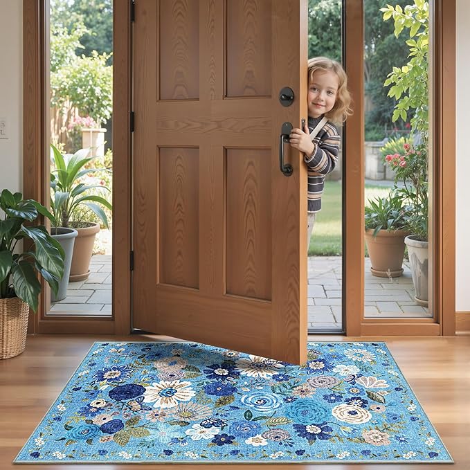 2x5 Entryway Runner Rugs, Non Slip Washable Rugs with Rubber Backing Soft Floral Carpet Runner for Kitchen, Laundry, Bedroom, Bathroom(2 x 5, Blue Garden)