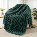 Exclusivo Mezcla Fleece Throw Blanket for Couch, Super Soft Striped Jacquard Bed Blanket, Lightweight Fuzzy Cozy for All Seasons, 50x60 Inches, Forest Green
