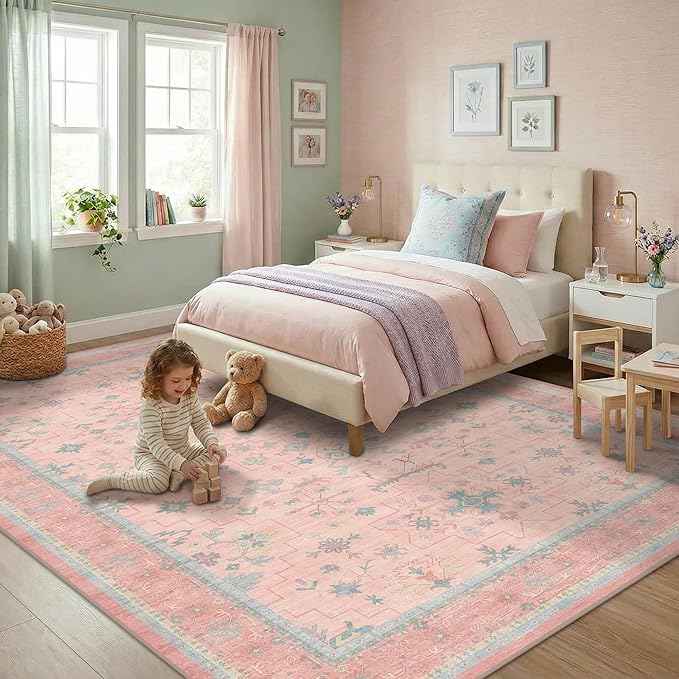 Washable Pink and Blue 6x8 Boho Rugs for Bedroom Girls, Living Room Kids Playroom Nursery Room, Modern Floral Distressed Design, Soft Low Pile Non Slip Stain Resistance Carpet