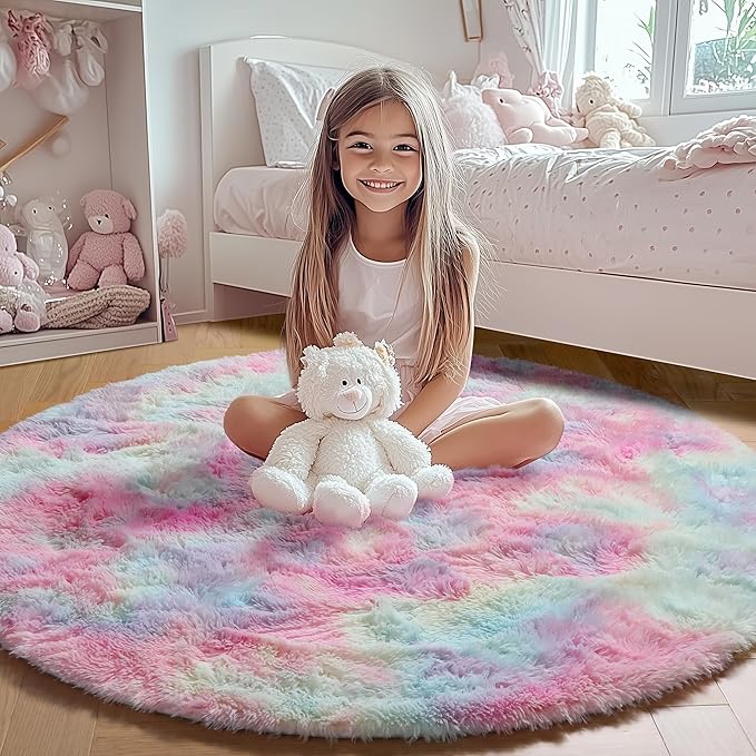 ONASAR Rainbow Round Rugs 6ft for Living Room Bedroom, Fluffy Circle Area Rug for Kids Girls Boys Teen, Soft Plush Shaggy Carpet for Nursery Dorm Classroom Playroom Home Decor Aesthetic