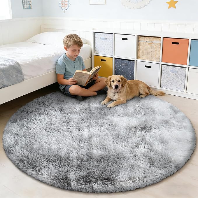 Tie-Dyed Fluffy Round Rug,Soft Area Rugs for Girls Room,Shaggy Rugs 6'X6' for Living Room,Non Slip Circle Rug for Kids Bedroom,Shag Plush Nursery Rug,Plush Carpet for Dorm,Furry Room Decor,Light Grey