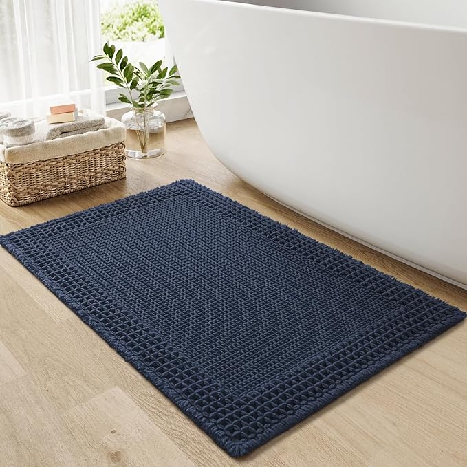 RESARE Waffle Bathroom Runner Rugs, Super Absorbent Bath Mat Non Slip Washable Quick Dry, Upgraded Ultra Soft Boho Bath Rugs with Tassels for Hallway Bedroom Laundry Room, 20"x32" Navy