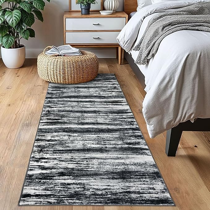 KOZYFLY Modern Abstract Kitchen Runner Rug, 2x6 Washable Rug Runner Non-Slip Soft Striped Hallway Runner Rugs, Black Navy Blue Grey Carpet Runner for Entryway Bathroom Laundry Room Foyer