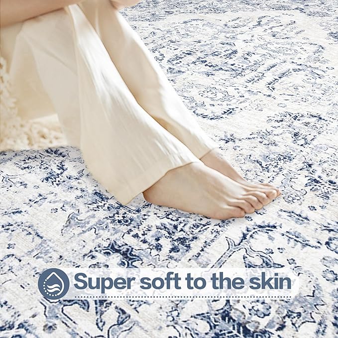6x9 Area Rugs for Living Room: Washable Rug Vintage Large Rugs Soft Non Slip Low Pile Rug Floral Distressed Floor Carpet for Bedroom Kitchen Nursery Dining Room Home Office (Blue, 6'x9')