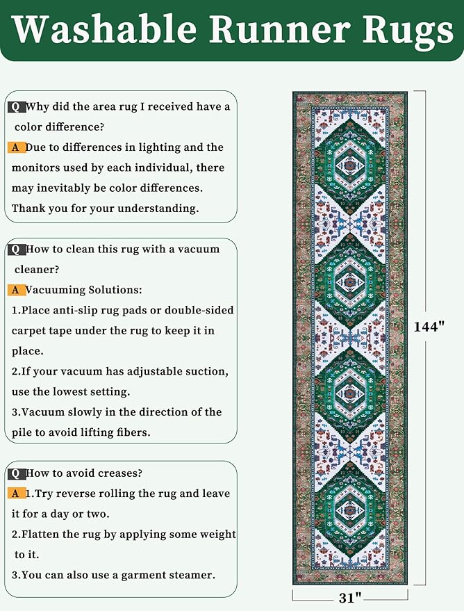 SERISSA Runner Rug for Hallways, 2'6"x12' Washable Non Slip Kitchen Runner Rug, Extra Long Boho Rug Ultra Soft Vintage Green White Print Floor Carpet for Bedroom Hallway Entryway Bathroom Laundry Room