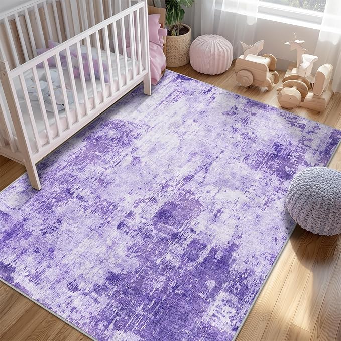 Washable Area Rugs 8'x10' Non-Slip Modern Abstract Soft for Living Room Entryway Bedroom Nursery, Print Pattern, Purple Gray Pink White