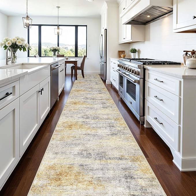 3x20 Washable Kitchen Runner Rug: Modern Abstract Runners for Hallway Soft Non Slip Rugs with Rubber Backing Low Pile Thin Floor Carpet for Entryway Bedroom Bathroom Bedside Indoor(Grey/Yellow,3x20)