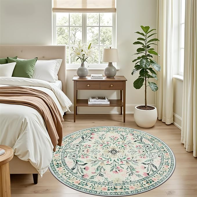 Round Area Rug for Living Room: 4 ft Floral Washable Circle Rug Soft Non-Slip Carpet Indoor Stain Resistant Low Pile Small Circular Rug for Bedroom Entryway Kitchen Nursery Home Office Green Beige
