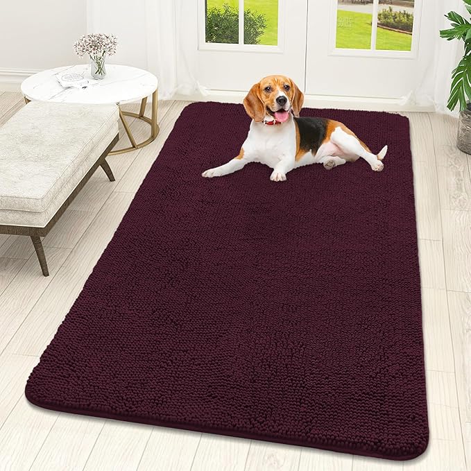 OLANLY Dog Door Mat for Muddy Paws 59x32, Absorbs Moisture and Dirt, Absorbent Non-Slip Washable Doormat, Quick Dry Chenille Mud Mat for Dogs, Entry Indoor Entryway Carpet for Inside Floor, Russet