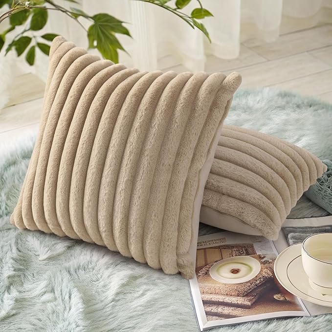 decorUhome Cozy Faux Fur Throw Pillow Covers 22x22 Set of 2 Decorative Soft Plush Striped Modern Farmhouse Boho Couch Euro Sham Pillow Cases with Velvet Back for Sofa Bed Living Room, Khaki Brown