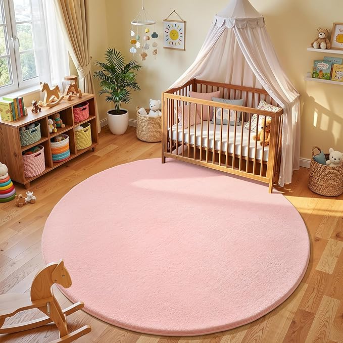 Amearea Pink Round Area Rugs 4ft Washable Circle Rugs for Bedroom Living Room, Fluffy Indoor Thickened Memory Foam Rug, Non Slip Minimalist Circular Carpet for Kids Boys Girls Dorm Nursery Room Decor