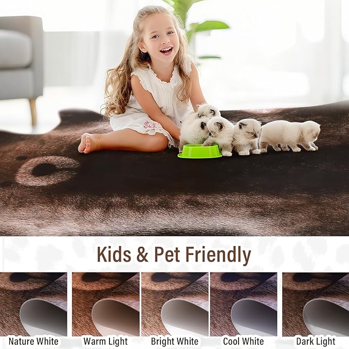 AROGAN Premium Bear Print Rug 4.6x5.2 Feet, Machine Washable Faux Fur Rug, Non-Slip Animal Print Hide Bear Skin Area Rug for Bedroom Living Room Home Decor
