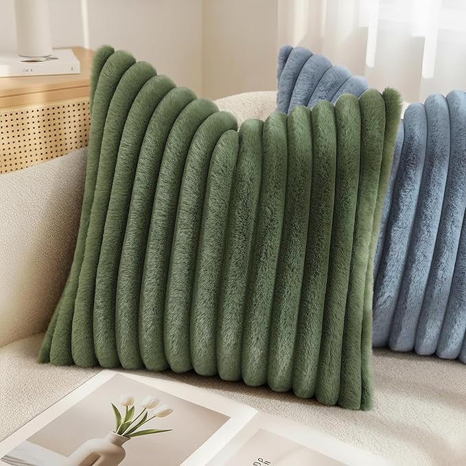 decorUhome Cozy Faux Fur Throw Pillow Covers 16x16 Set of 2 Decorative Soft Plush Striped Modern Farmhouse Boho Couch Pillow Cases with Velvet Back for Sofa Bed Living Room, Olive Green