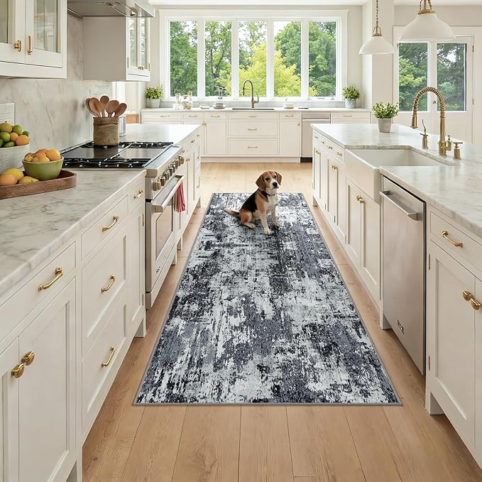 Washable Area Rugs 3x7 Non-Slip Modern Abstract Soft for Living Room Entryway Bedroom Nursery, Print Pattern, Black Navy Blue Gray