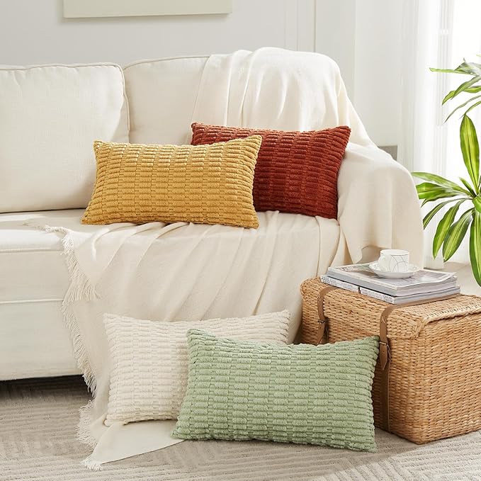 Fancy Homi 4 Packs Fall Boho Lumbar Decorative Throw Pillow Covers 12x20 Inch for Couch Bed Sofa, Aesthetic Modern Farmhouse Home Decor, Soft Striped Corduroy Rectangle Accent Cushion Case 30x50 cm