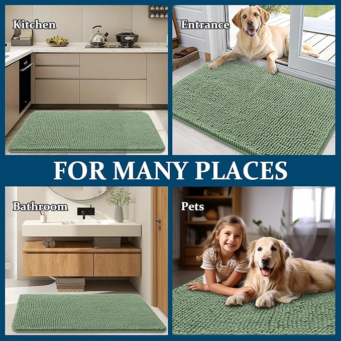 OLANLY Dog Door Mat for Muddy Paws 70x24, Absorbs Moisture and Dirt, Absorbent Non-Slip Washable Doormat, Quick Dry Chenille Mud Mat, Entry Indoor Entryway Carpet for Inside Floor, Olive Green