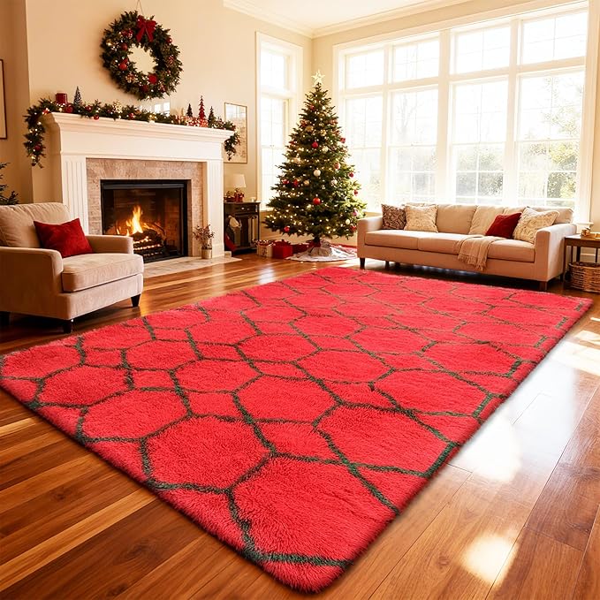 Shag Area Rug for Bedroom 5x8,Fluffy Area Rugs for Living Room,Geometric Soft Fuzzy Rug Non-Shedding Indoor Plush Carpet for Kids Bedroom Nursery Dorm Home Christmas,Red and Green