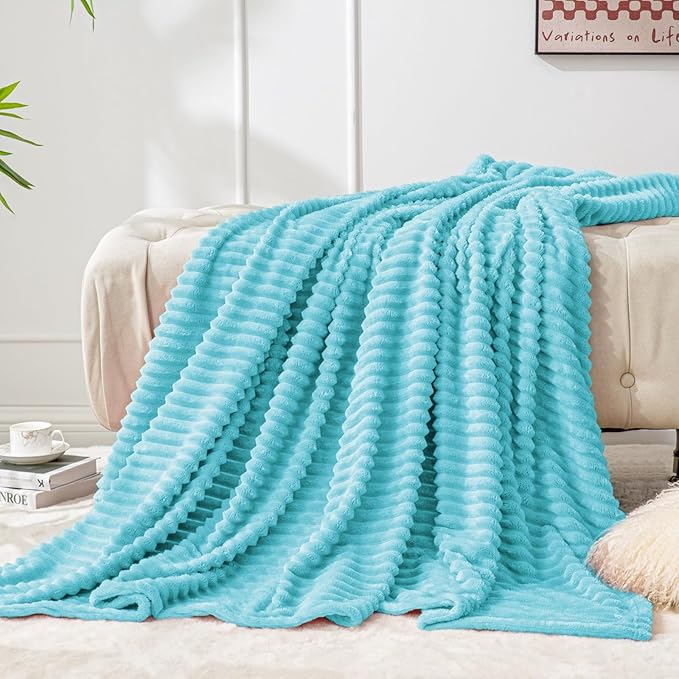 BEDELITE Fleece Blanket Twin Size – 3D Ribbed Jacquard Soft and Warm Decorative Fuzzy Blankets – Cozy, Fluffy, Plush Lightweight Throw Blankets for Couch, Bed, Sofa(Light Blue, 60x80 inches)