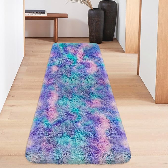 Super Soft Fluffy Living Room Area Rug 2x6 ft Purple Rainbow Tie-Dyed Shaggy Furry Carpet Washable Non-Slip Carpets Bedroom Bedside Nursery Rug Cute Colorful Room Decor for Girls