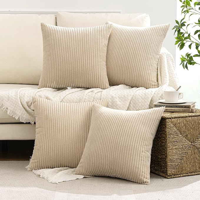 MIULEE Boho Farmhouse Throw Pillow Covers 18x18 Inch Set of 4 Mordern Nordic Cushion Covers Soft Corduroy Spring Home Decor for Couch Bed Sofa Living Room Beige