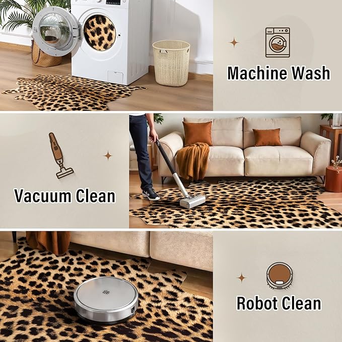 AROGAN Premium Leopard Print Rug 5.2x6.2 Feet, Machine Washable Faux Fur Cheetah Rug, Non-Slip Animal Print Hide Leopard Skin Area Rug for Bedroom Living Room Home Decor