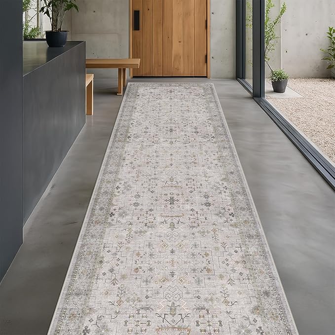 Hazo Haus Light Gray Washable 2'6"x10' Wide Hallway Runners, Kitchen Runner Rug, Non-Slip & Stain Resistant 10ft Long Floor Rug, Neutral Boho Floral Décor