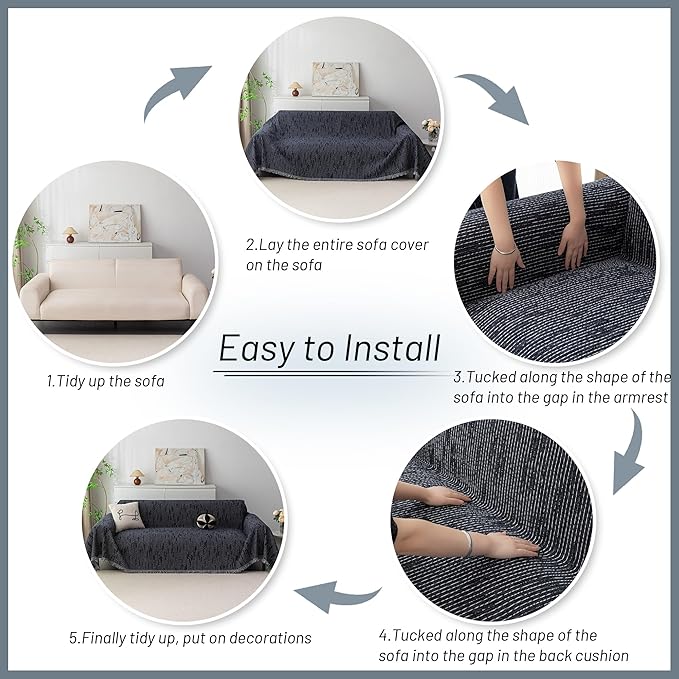 MYSKY HOME Boho Couch Cover Navy Sofa Covers with Tassel Farmhouse Sofa Slipcover Simple Couch Protector for Dogs Chenille Sectional Couch Covers L Shaped Couch Cushion Covers, 91"x 134"