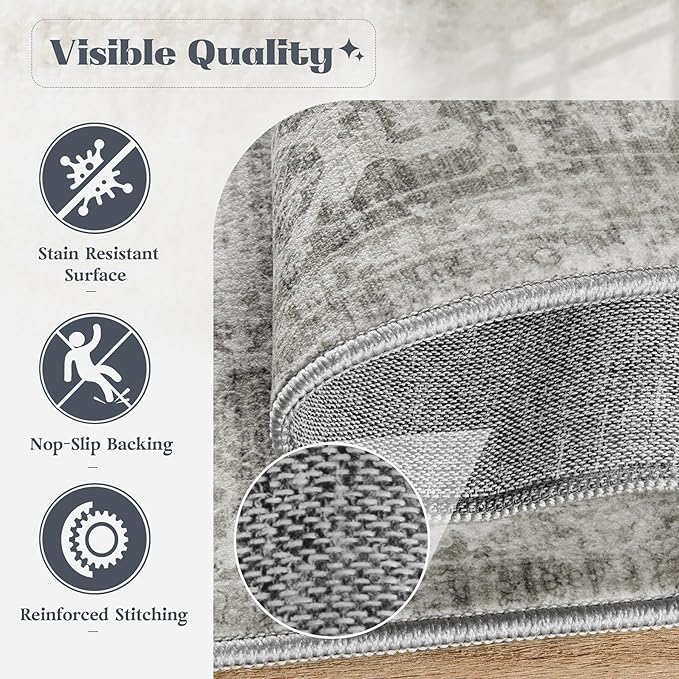 Area Rug 6x9 Washable Rug, Vintage Boho Medallion Rugs Non-Slip Soft Low Pile Large Distressed Rug Indoor Retro Carpet for Living Room Bedroom Dining Room Home Office (Grey, 6'x9')