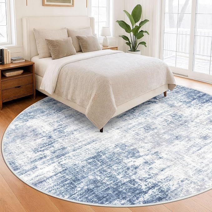 IOHOUZE Abstract Round Area Rug 8 Ft Washable Circle Rugs Large Round Rug Non Slip Thin Soft Circle Rugs, Printed Faux Wool Floor Carpet for Bedroom Living Room Dining Room Nursery, Light Blue Grey