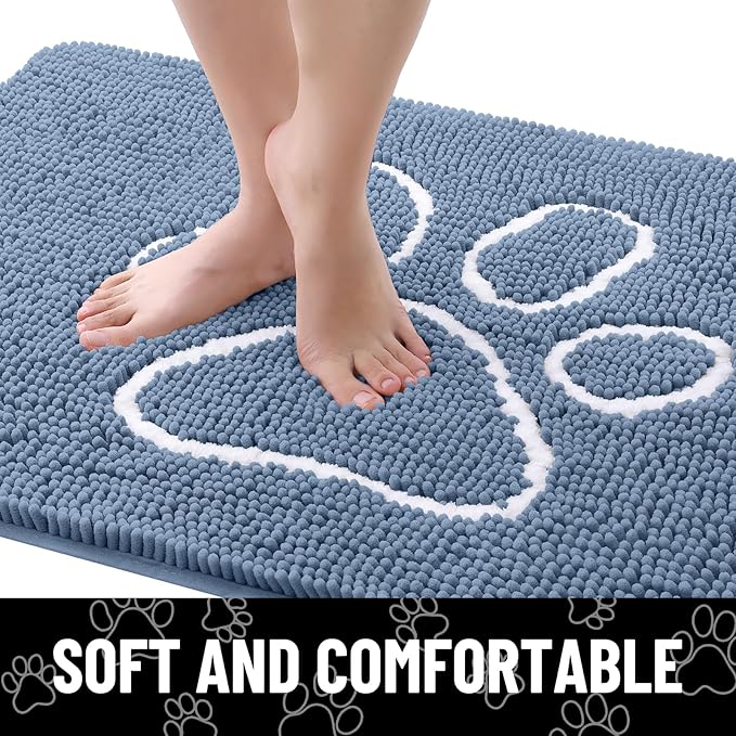 Smiry Dog Door Mat for Muddy Paws, Absorbent Dirt Trapper Non Slip Quick Dry Washable Chenille Mat for Mud Dogs, Entry Rug for Indoor and Outdoor (36x24 Inches, Airy Blue and White)