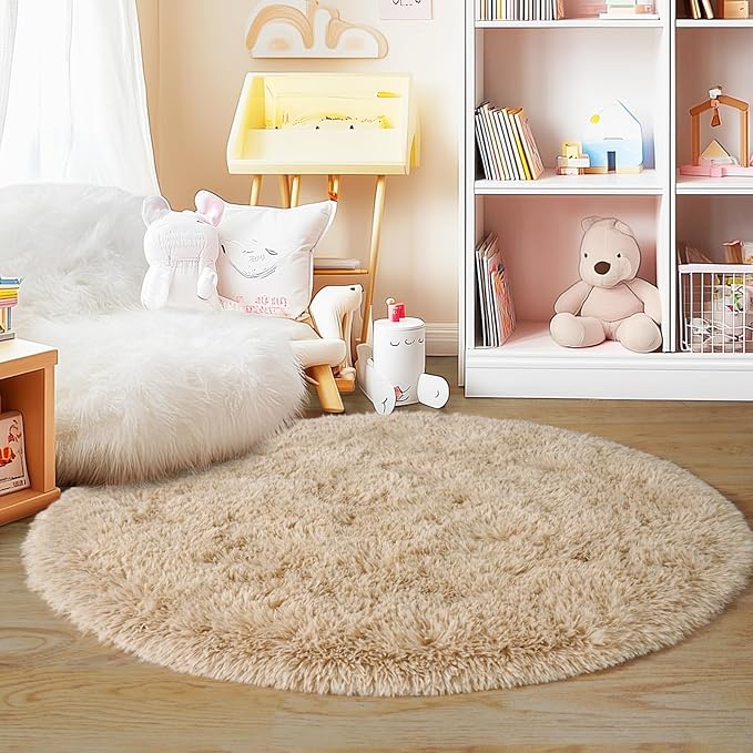 5'x5' Beige Round Rug for Bedroom, Ultra Soft Fluffy Circle Rug for Kids Girls Boys Room, Cute Shag Rugs for Living Room Playroom Tent Castle Home Decor Rug