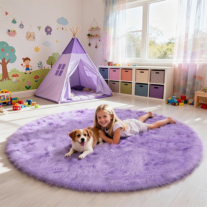 yulidayang Purple Fluffy Round Area Rugs for Bedroom,4'X4'Shag Circle Area Rugs for Girls Room,Non Slip Fuzzy Plush Rug for Kids Room Living Room and Dorm Home Decor Rug